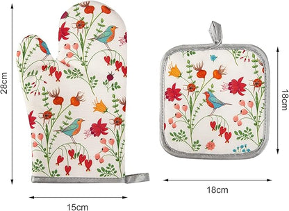 Kitchen Oven Mitts and Pot Holders Sets, Flower Bird Print Oven Gloves and Potholders,Heat-Resistant Oven Gloves and Hot Pads, Kitchen Accessories,Gifts for Women