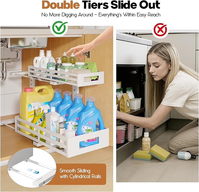 2-Pack 17"Deep Under Sink Organizer And Storage, 2-Tier L-Shaped Pull Out Cabinet Organizer with Upgraded Slide Rails, Height Adjustable Drawers for Kitchen&Bathroom, Extra-Large Storage Shelves–Gray - Image 3