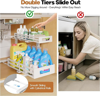 2-Pack 17"Deep Under Sink Organizer And Storage, 2-Tier L-Shaped Pull Out Cabinet Organizer with Upgraded Slide Rails, Height Adjustable Drawers for Kitchen&Bathroom, Extra-Large Storage Shelves–Gray - Image 3