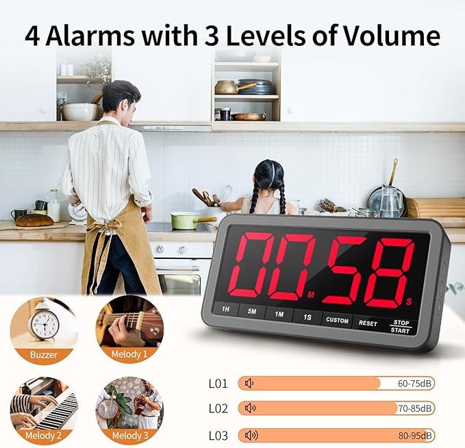 VOCOO Digital Kitchen Timer with 7.8” Extra Large Display, Magnetic LED with 3 Brightness, 4 Alarms and 3 Volume Levels, Battery Powered Countdown Count Up Timer for Cooking, Classroom, Home Gym - Image 4