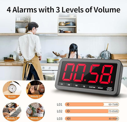 VOCOO Digital Kitchen Timer with 7.8” Extra Large Display, Magnetic LED with 3 Brightness, 4 Alarms and 3 Volume Levels, Battery Powered Countdown Count Up Timer for Cooking, Classroom, Home Gym - Image 4
