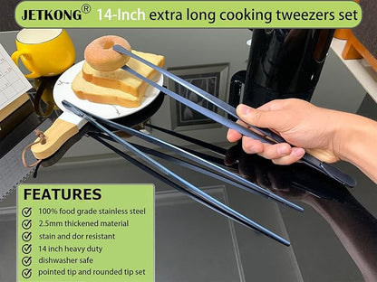 JETKONG 2 Pcs 14-Inch Cooking Tweezer Tongs Extra- Long Stainless Steel Kitchen Tweezers Plating Tongs (Navy Blue) - Image 3