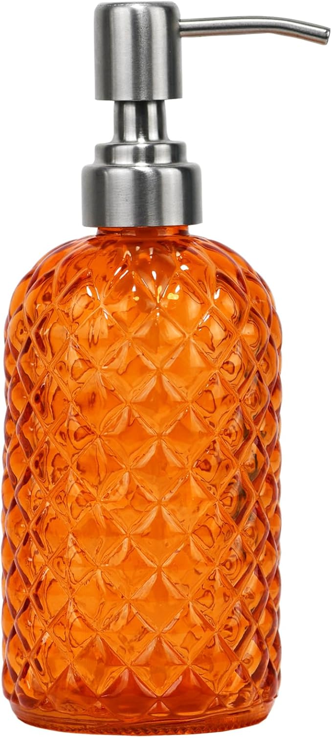 16 oz Diamond Pattern Glass Soap Dispenser, Kitchen and Bathroom Refillable Soap Dispenser with Rust Resistant Stainless Steel Pump for Hand Soap, Lotion Glass Liquid Dispenser by SDlumeiy