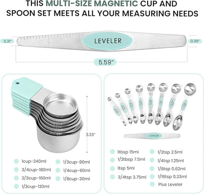 Magnetic Measuring Cups and Spoons Set-Heavy Duty 304 Stainless Steel，Double Measurement Markings，Set of 16 with Leveler for Measure Dry and Liquid Ingredients (Mint) - Image 6