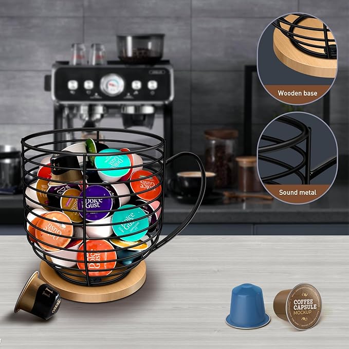 BYTEAIDREX Coffee Pod Holders for Counter - K Cup Holders for Counter - Coffee Pods Storage Organizer - Bar Accessories - Large Capacity Black Wire Kup Storage with Wooden Base. - Image 5