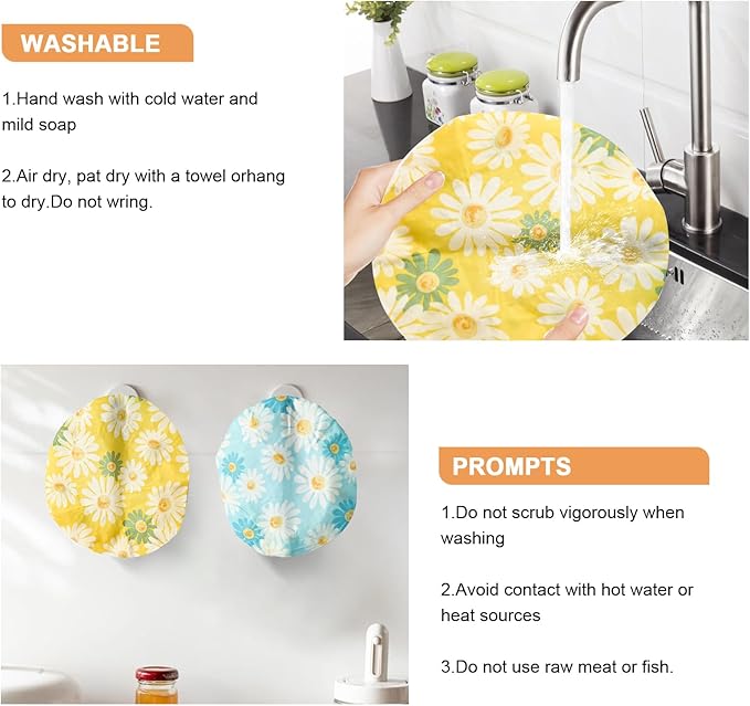 2Pcs Reusable Bowl Covers for Bread Proofing - Cotton Beeswax Bowl Covers Reusable with Elastic Rim, Eco-Friendly Sourdough Bowl Cover for Food Storage (10INCH) (Yellow & Blue daisy)