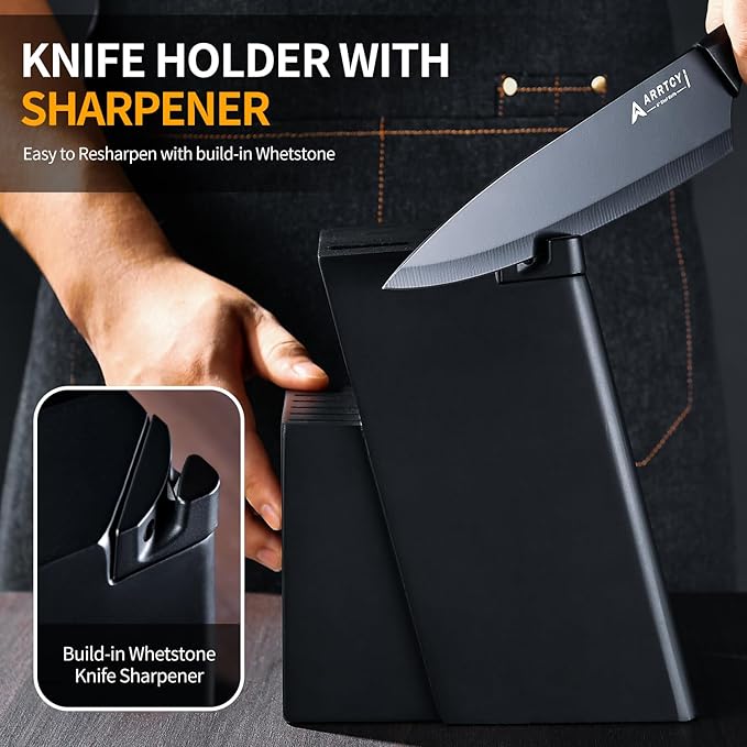 Knife Set with Block - Kitchen Knife Set German High-Carbon Steel - 15-Piece with Built-in Sharpener & Dishwasher Safe - Ergonomic Anti-Slip Handles,Black,Gift Box Included - Image 5
