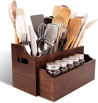 Wooden Kitchen Utensil Holder for Countertop, Large Utensil Organizer with Removeable Dividers, Wall Mount Kitchen Organizer for Cooking Tools & Silverware, with Spoon Rest and Diatomite Base