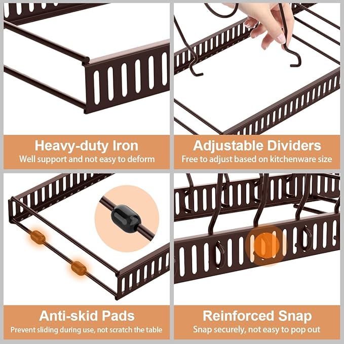 Housolution Pot and Pan Organizer Rack for Cabinet, Expandable Pot Lid Organizer with 15 Adjustable Dividers, Pan Holder Storage Rack for Kitchen Cabinet, Bronze - Image 3