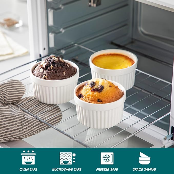vancasso 6 oz Ramekins with Lid, Porcelain Creme Brulee Souffle Dishes, White Pudding Custard Cups Ramiken for Baking, Dishwasher and Oven Safe, Set of 6 - Image 4