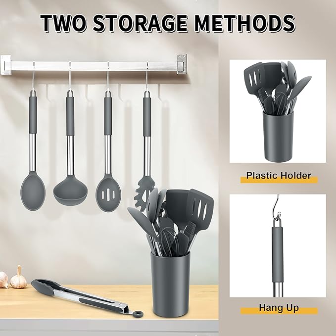 Silicone Cooking Utensils Set, E-far 14-Piece Gray Kitchen Utensils Set with Holder, Kitchen Tools Spatulas with Stainless Steel Handle for Non-stick Cookware, Heat Resistant & Dishwasher safe - Image 6