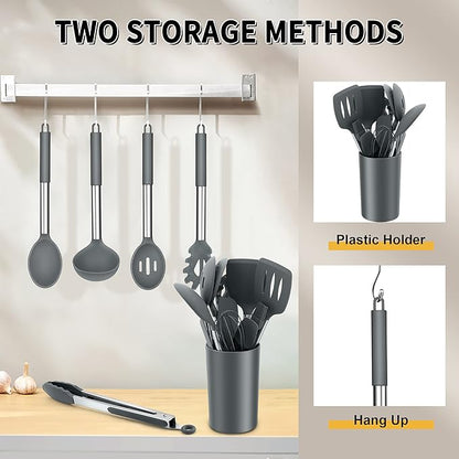 Silicone Cooking Utensils Set, E-far 14-Piece Gray Kitchen Utensils Set with Holder, Kitchen Tools Spatulas with Stainless Steel Handle for Non-stick Cookware, Heat Resistant & Dishwasher safe - Image 6