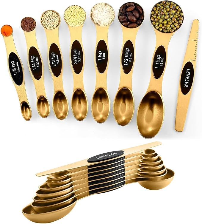 ChefAide Pack of 8 Stainless Steel Magnetic Measuring Spoons Set, Dual Sided, Stackable, Adjustable Teaspoon and Tablespoon Measure Spoon with Leveler, Kitchen Gadgets by ChefAide