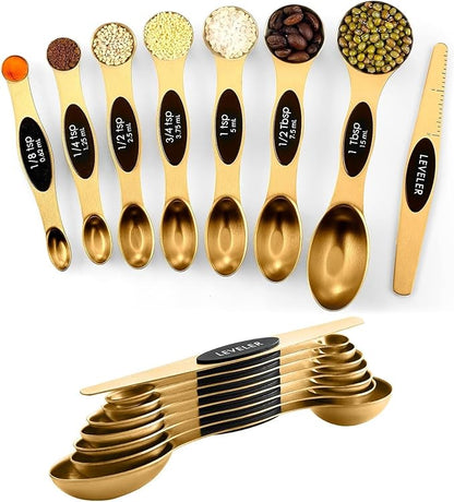 ChefAide Pack of 8 Stainless Steel Magnetic Measuring Spoons Set, Dual Sided, Stackable, Adjustable Teaspoon and Tablespoon Measure Spoon with Leveler, Kitchen Gadgets by ChefAide