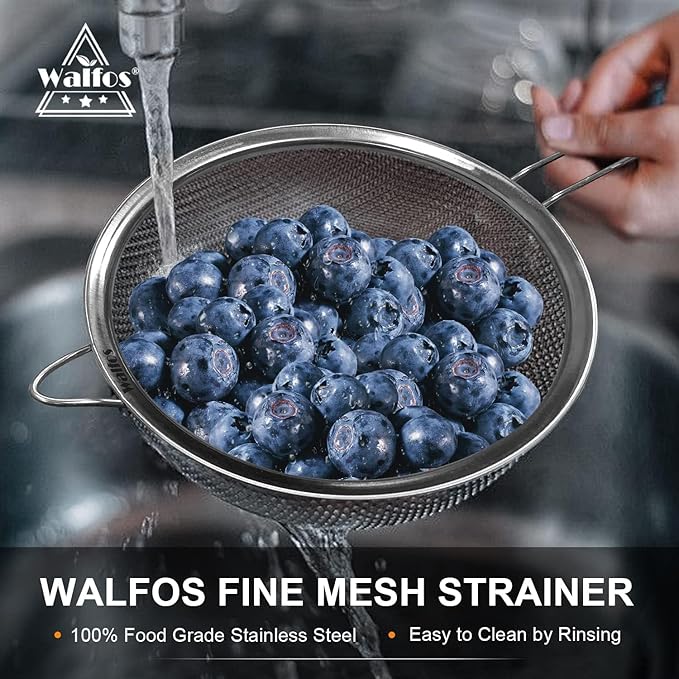 Walfos Fine Mesh Strainer and Fat Skimmer Spoon Set, Multipurpose Metal Strainers for Kitchen, Rice, Quinoa, Food, 304 Stainless Steel Fat Skimmer For Cooking, Fat, Grease, Floating Foam, 5 Pack - Image 4