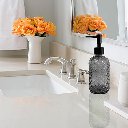 Grey Glass Soap Dispenser with Black Plastic Pump, 13.5oz Refillable Liquid Hand Dispenser, Lotion Dish Soap Dispenser for Modern Home Decor, Bathroom, Kitchen Countertop, Hotel