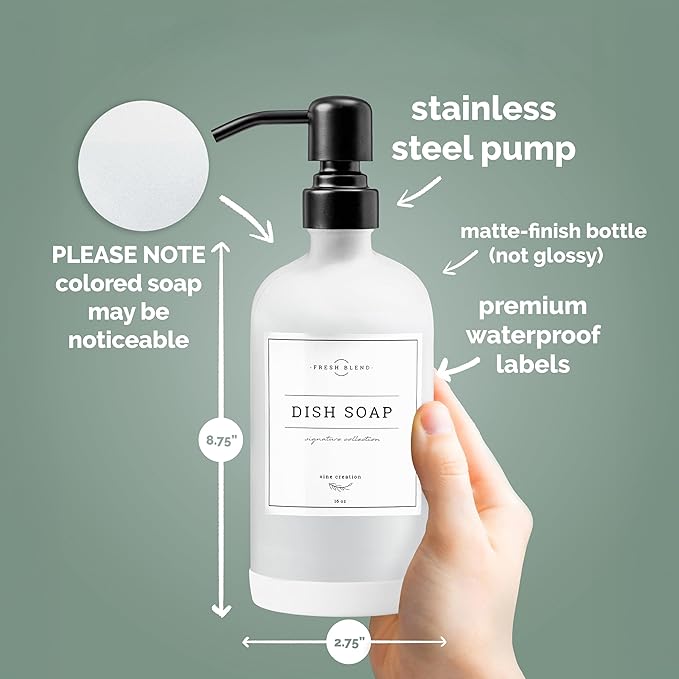 Vine Creations White Glass Soap Dispenser, 2 Pack Kitchen Soap Dispenser Set with Stainless Steel Pump, 16 oz Dish Soap and Hand Soap Dispensers for Bathroom with Waterproof Labels - Image 6
