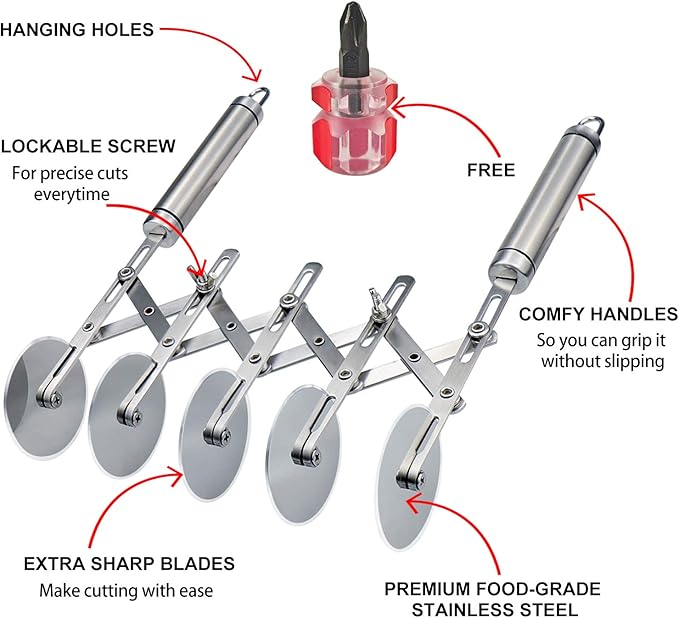 Juome 5 Wheel Pastry Cutter Stainless Pizza Slicer Multi-Round Dough Cutter Roller Cookie Pastry Knife Divider with Handle - Image 3