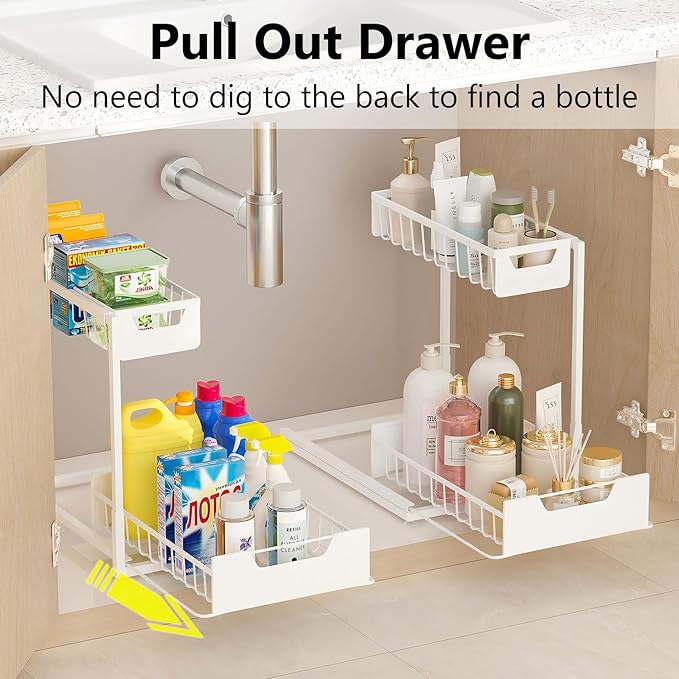 Ceetug Under Kitchen Sink Organizers and Storage Pull Out 2 Tier Metal Bathroom Cabinet Organizer (White, 2 Pack) - Image 3
