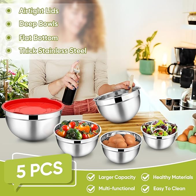 TeamFar Mixing Bowls, 4.5/3/1.5/1/0.7 QT, Stainless Steel Metal Nesting Salad Bowl with Lid Set of 5, Ideal for Prepping Serving, Healthy & Sturdy, Airtight Lid & Easy Clean, Multi-Color - Image 3