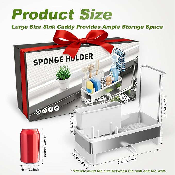 Ewaiira Stainless Steel Sink Caddy, Sponge Holder for Kitchen Sink with Brush Holder & Dishcloth Rack, Rustproof Organizer Countertop, Soap Dispenser Kitchen Organizers Storage Essentials, White 9.8″ - Image 2