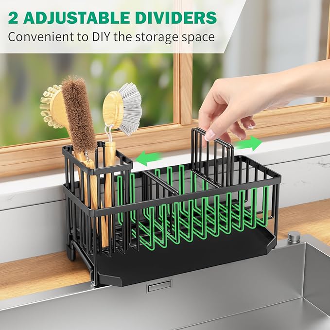 TomCare Extra Large 11'' Sink Caddy With Drain Tray Non-slip Kitchen Sink Organizer With 2 Adjustable Dividers High Brush Holder Rustproof Sponge Holder Kitchen Storage Accessories for Counter - Image 4