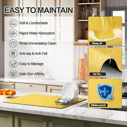 Ecotrim - Dish Drying Mat for Kitchen Counter | Coffee Bar Mat for Countertops | Heat Resistant Drainer Mat with Non-slip Rubber Backed | Hide Stain Kitchen Absorbent Draining Mat | Yellow 18"x28" - Image 3