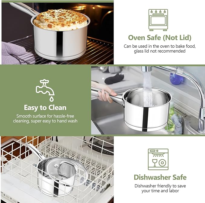 TeamFar 2 qt Saucepan with Lid, Stainless Steel Small Sauce Milk Pan with Tri-ply Bottom for Induction/Gas/Electric/Ceramic, Healthy & Heavy Duty, Mirror Finish & Straight Side, Dishwasher Safe - Image 6