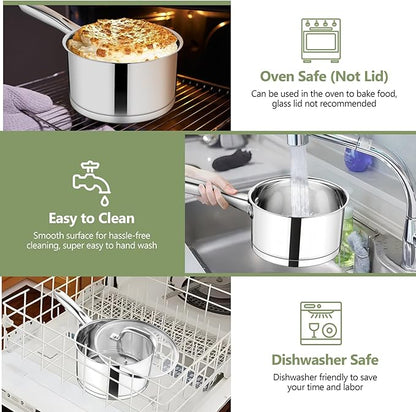 TeamFar 2 qt Saucepan with Lid, Stainless Steel Small Sauce Milk Pan with Tri-ply Bottom for Induction/Gas/Electric/Ceramic, Healthy & Heavy Duty, Mirror Finish & Straight Side, Dishwasher Safe - Image 6
