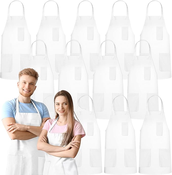 GREEN LIFESTYLE 12 Pack Chef Apron with Pockets – Grilling Aprons for Men, Waterproof Cooking Apron for BBQ, Work or Restaurant Use, Kitchen Aprons for Women with Pockets – White by GreenLifeStyle
