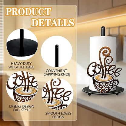 Coffee Themed Paper Towel Holder Countertop - Decorative Metal Paper Roll Stand with 3D Cup & Swirl Design, Weighted Base for Kitchen, Bar, Farmhouse Decor (Coffee)