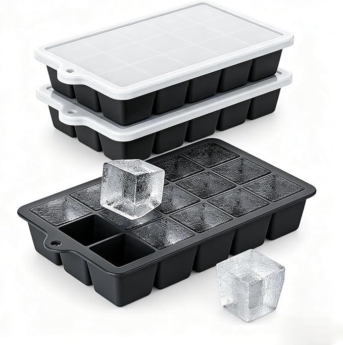 Silicone Ice Cube Tray 3 Pack - EASY RELEASE ice cube tray with lid, BPA Free Ice Cubes Trays for Freezer,ice cube mold for Cocktail,Whiskey (Black)