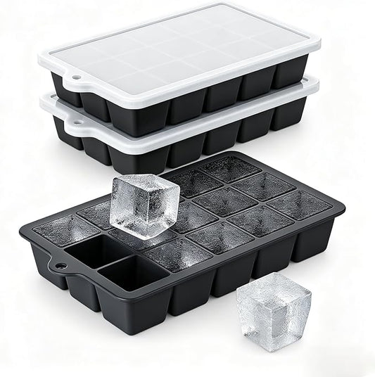 Silicone Ice Cube Tray 3 Pack - EASY RELEASE ice cube tray with lid, BPA Free Ice Cubes Trays for Freezer,ice cube mold for Cocktail,Whiskey (Black)