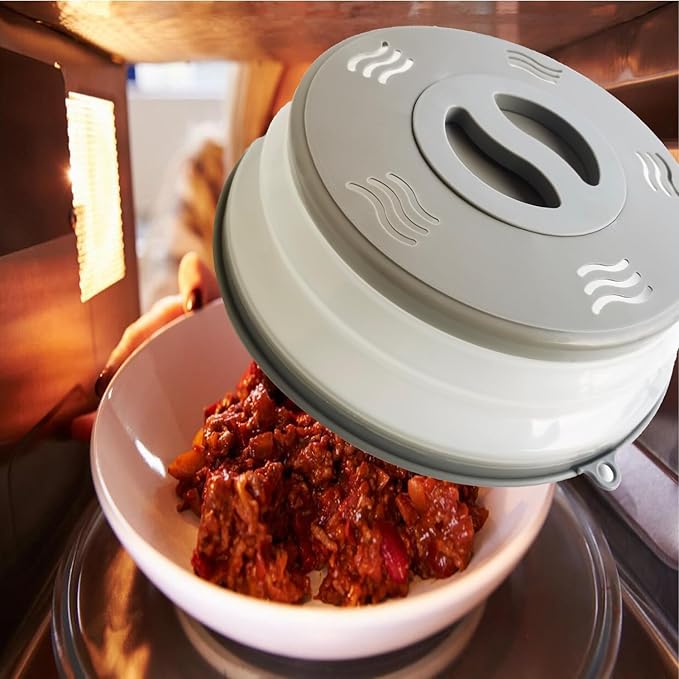 Microwave Splatter Cover Vented for Food, Splatter Guard & Colander Kitchen Gadget for Fruit Vegetables Microwave Plate Cover with Hook Hole,Dishwasher-Safe,BPA-Free Silicone & Plastic (Grey)