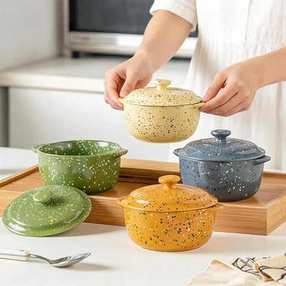 Ceramic Mini Cocotte Set of 4 for Oven,10 Oz Small Casserole Dishes with Handles and Lid,Individual Serving Pot for Souffle,Soup,Cobbler,Stoneware Baking Ramekins,Assorted Colors
