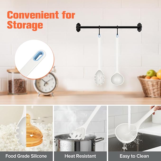 Silicone Spaghetti Spoon&Soup Ladle Cooking Utensils Set of 2,No Scratch for Nonstick Cookware,BPA Free, 450℉ Heat Resistant (White) - Image 4