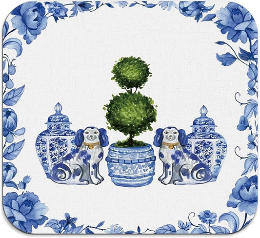 Chinoiserie Dish Drying Mat - Blue And White Porcelain Dish Drying Mat,Chinoiserie Dog Drying Mat For Kitchen Counter,Coffee Bar Mat,Vintage Chinoiserie Drying Mat,16x17.5 Inch