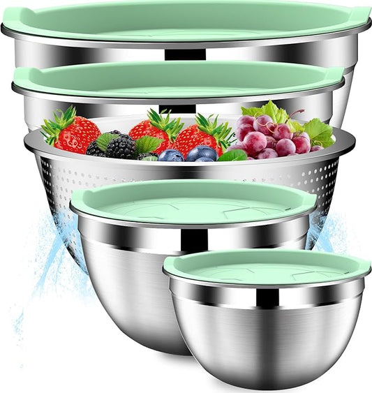 DUTZUN Mixing Bowls with Lids Set, Stainless Steel Mixing Bowl Set with Colander, Strainer with Bowls - Pistachio by DUTZUN