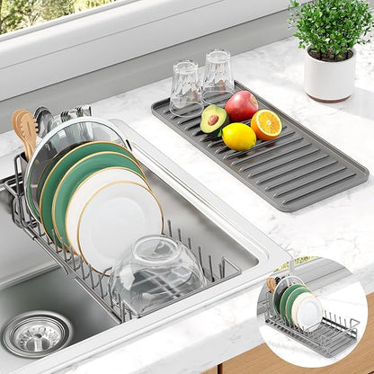 Kitsure Dish Drying Rack - Expandable Dish Rack for Kitchen Counter, Over Sink Or in Sink, Space-Saving Plates Dryer with Cutlery Holder & Drip Tray, 14.0"-20.9" L x 6.3" W x 8.0" H, Grey by Kitsure