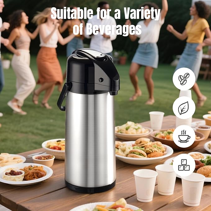 Upgraded Airpot Coffee Carafe with Double Pump, Stainless Steel Drink Dispenser for Hot/Cold Beverage with Lazy Susan Base for Hot Cocoa for Parties (2 Pack - Stainless steel color, 84.5 Ounces)