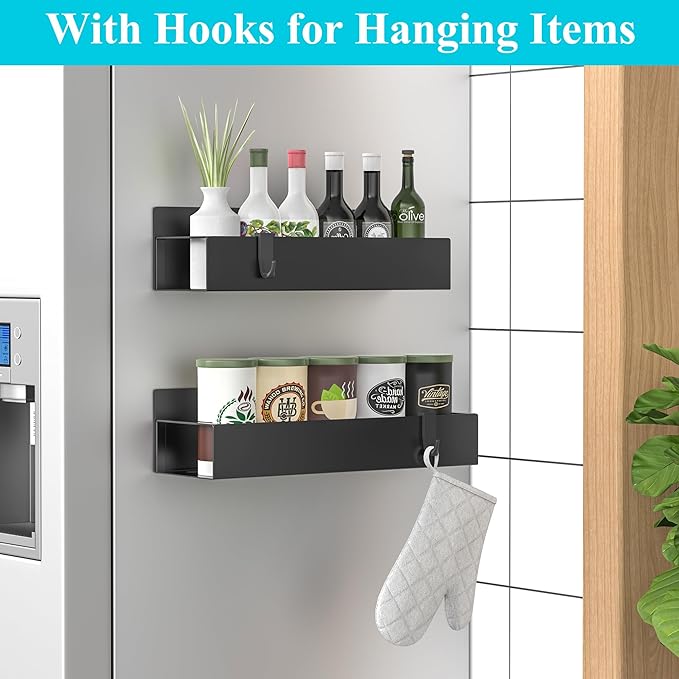 HuggieGems 2 Pack Magnetic Spice Storage Rack Organizer for Refrigerator and Oven, Matt Black Fridge Organizers and Storage - Image 2