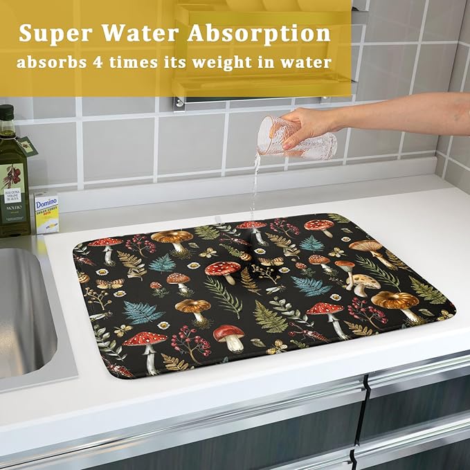Natural Botanical Dish Drying Mat Mushroom Fern Leaves Berry Drainer Mat Black Drying Pad for Countertop 18 X 24 Inch - Image 7