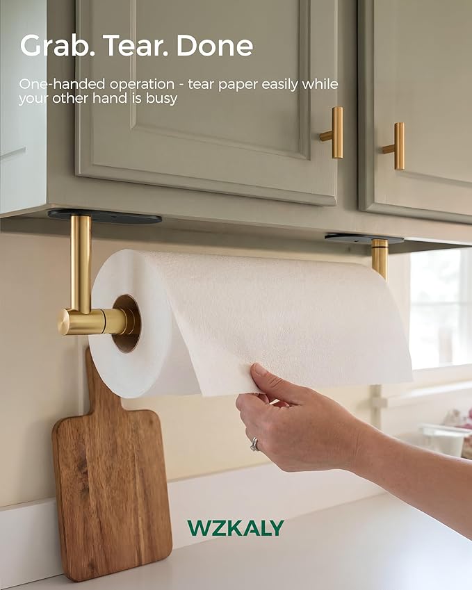 Paper Towel Holder Under Cabinet, Self Adhesive or Wall Mount for Kitchen Bathroom, Stainless Steel Paper Towel Holders with Damping Effect, Single Hand Operable (Black&Gold) - Image 2