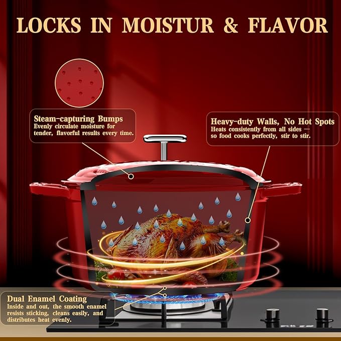 Enameled Cast Iron Dutch Oven - 5 Quart, Exclusive Designed Crab Lid, Oversized Knob, for Bread Baking Braiser Cooking - Red - Image 5