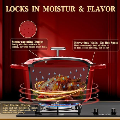 Enameled Cast Iron Dutch Oven - 5 Quart, Exclusive Designed Crab Lid, Oversized Knob, for Bread Baking Braiser Cooking - Red - Image 5
