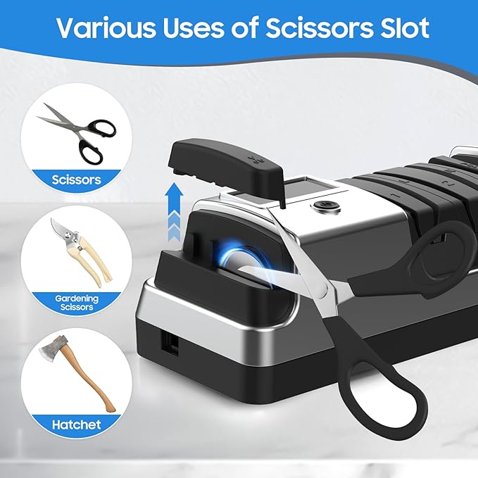 5-in-1 Electric Knife Sharpener for Kitchen Knives, with 100% Diamond Abrasives, 3 Adjustable Speeds, Quickly Sharpening for Straight/Serrated/Kitchen Knives, Scissors - Image 7