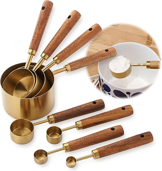 Premium Stainless Steel Measuring Cups and Spoons Set with Wood Handle, 8-Pieces Kitchen Essentials for Baking, Cooking, Coffee with Ergonomic Grip & Engraved Markings (Gold8)