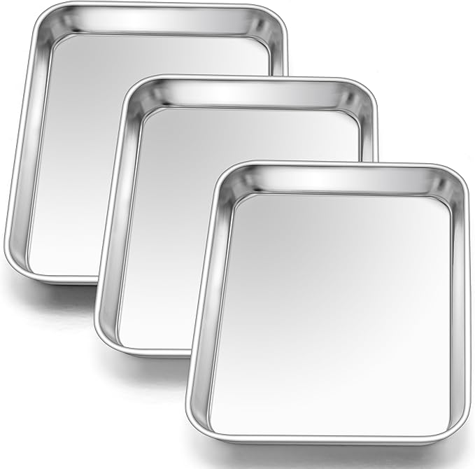 E-far 3 Pack Toaster Oven Trays, 9.4”x7.3” Stainless Steel Small Baking Cookie Sheets, Mini Non-toxic Metal Baking Pans for Cake, Healthy & Rust Free, Mirror Finish & Dishwasher Safe by E-far