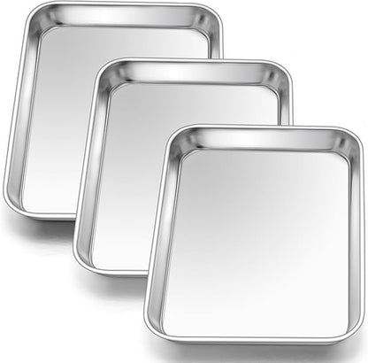 E-far 3 Pack Toaster Oven Trays, 9.4”x7.3” Stainless Steel Small Baking Cookie Sheets, Mini Non-toxic Metal Baking Pans for Cake, Healthy & Rust Free, Mirror Finish & Dishwasher Safe by E-far