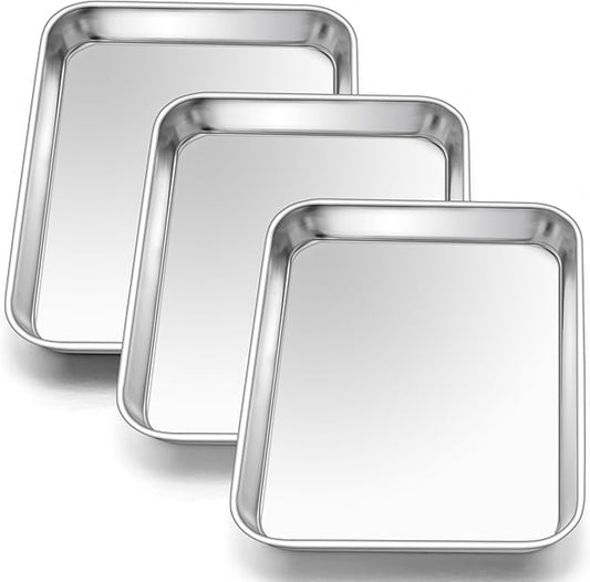 E-far 3 Pack Toaster Oven Trays, 9.4”x7.3” Stainless Steel Small Baking Cookie Sheets, Mini Non-toxic Metal Baking Pans for Cake, Healthy & Rust Free, Mirror Finish & Dishwasher Safe by E-far
